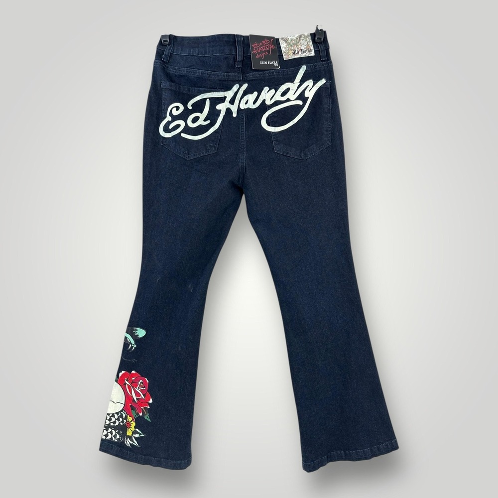 NEW Ed Hardy Jeans Skull Rose Women Size 32 Dark Wash Slim Flare Graphic Stretch